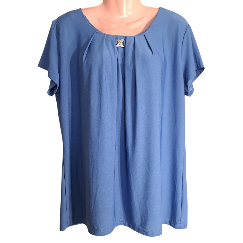 Emily Stacy Women's Short Sleeve Blouse/Top‎ Blue Size 1X Gold Accent